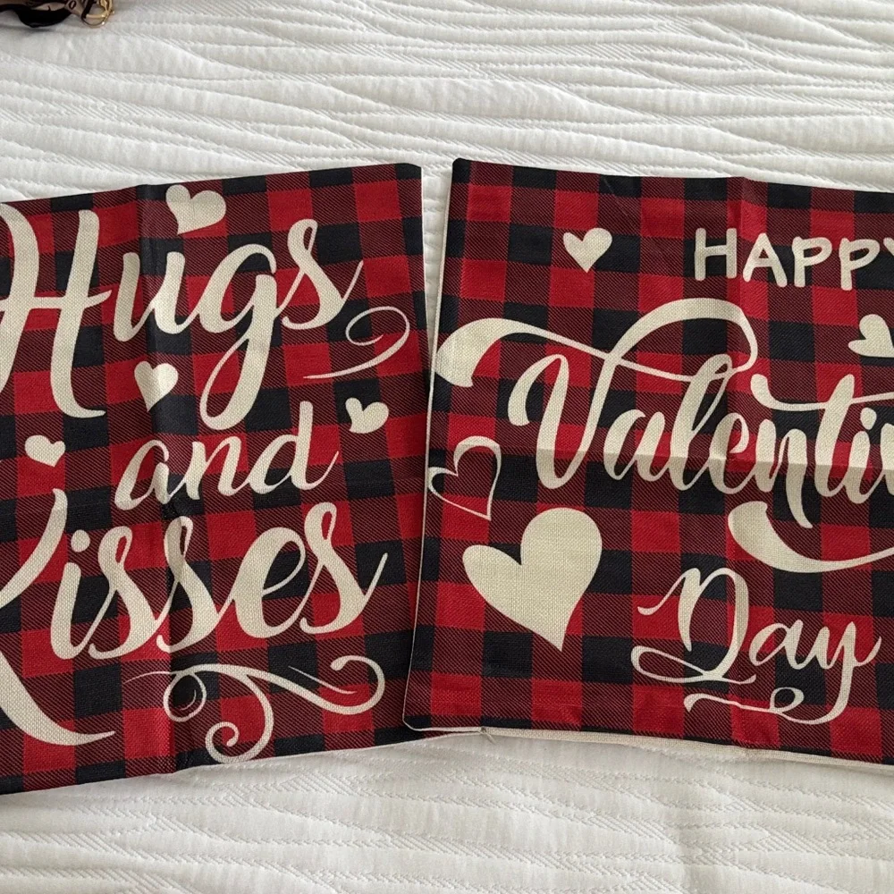 Plaid Valentine's Day Pillow Covers Set of 2 Square 17.5 x 17.5 inches Like New